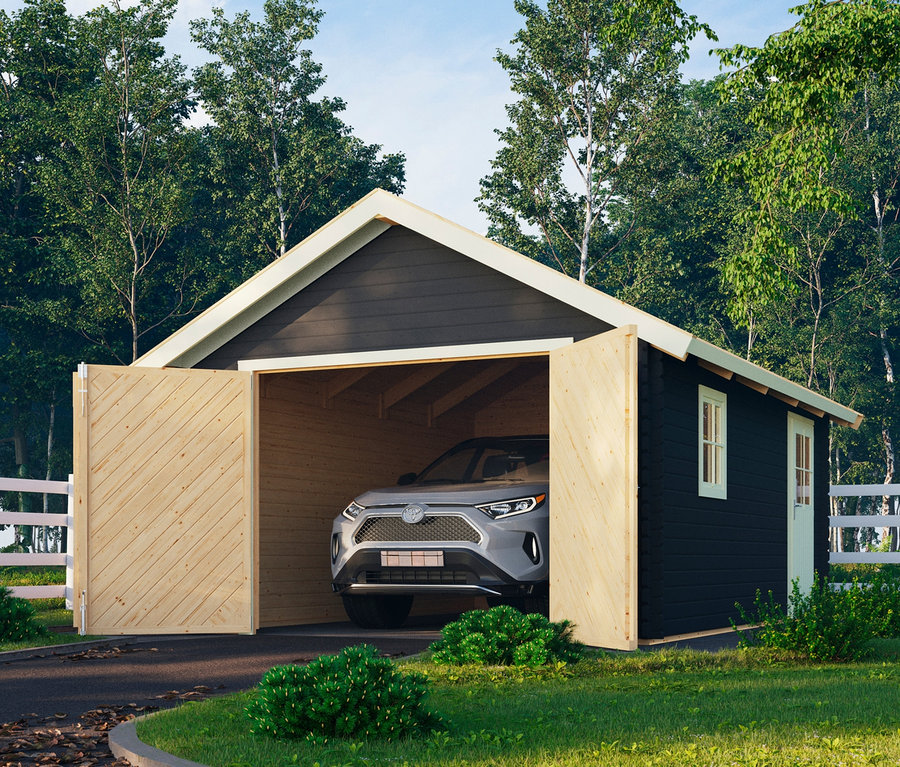 Offene Karibu Premium-Blockhausgarage mit Satteldach, 40 mm, (Geert) mit Auto drinnen.