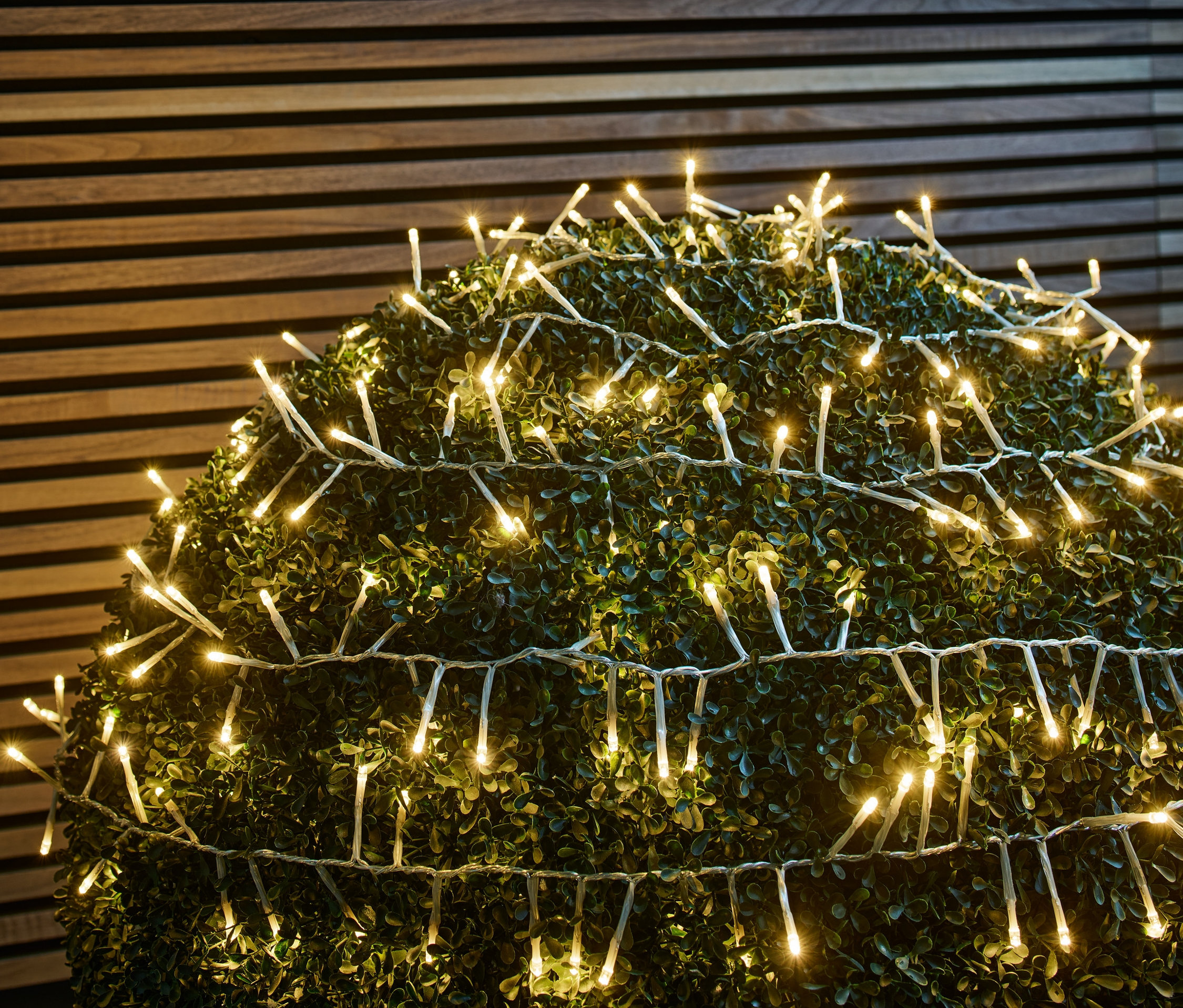 Zwei LED Outdoor-Lichterketten sind um einen grünen Busch gewickelt.