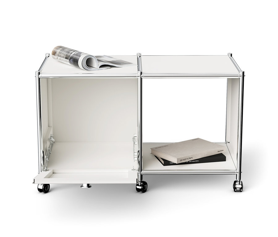 Weißer Beistelltisch Metall »CN3« mit 1 Klappenfach, Rollen, und Zeitung oben drauf.