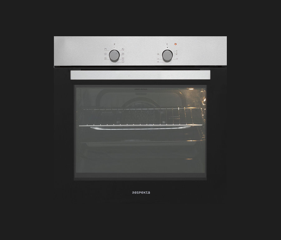 Detailansicht eines Respekta Einbaubackofens »AB 120-33« mit Drehknöpfen und Innenbeleuchtung.
