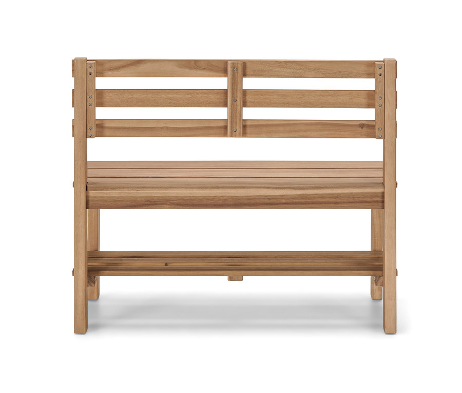 Frontansicht der kleinen Gartenbank »Lenja« mit Regalboden.