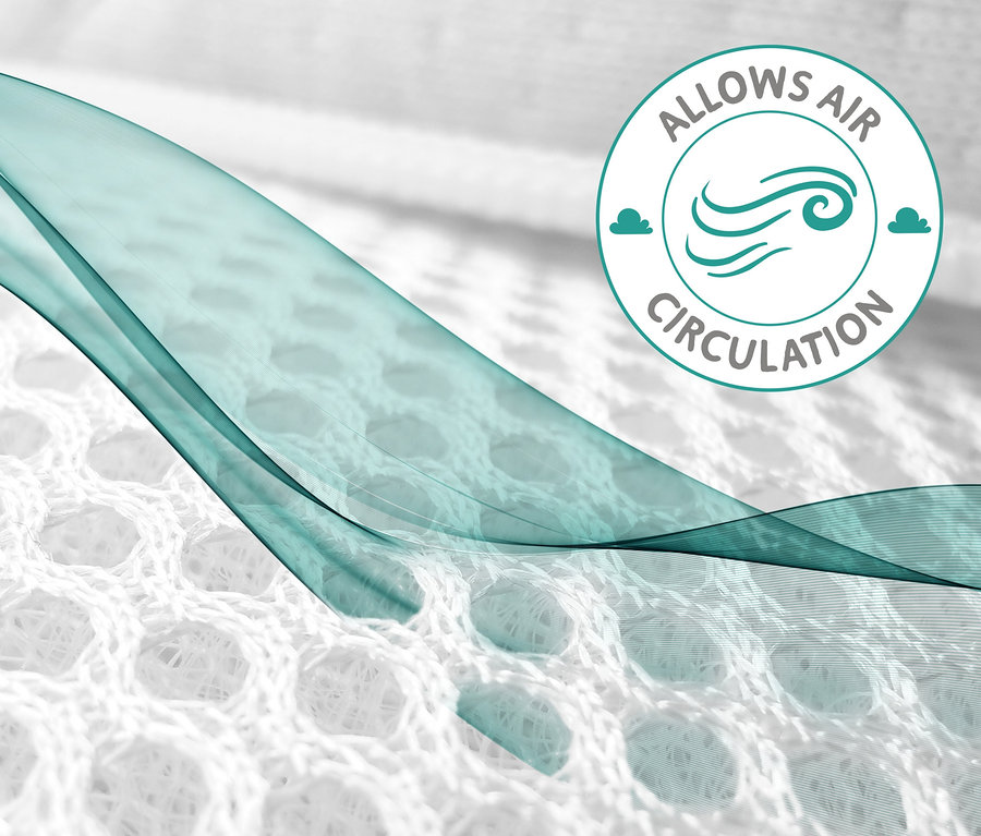 Detailaufnahme eines weißen, atmungsaktiven Textils mit Wabenmuster und dem Logo "Allows air circulation".