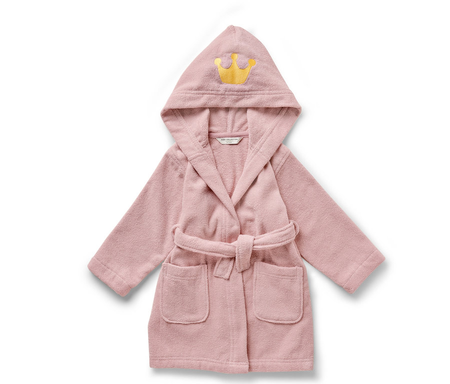 Rosa Kinder-Bademantel mit Kapuze und goldener Krone.