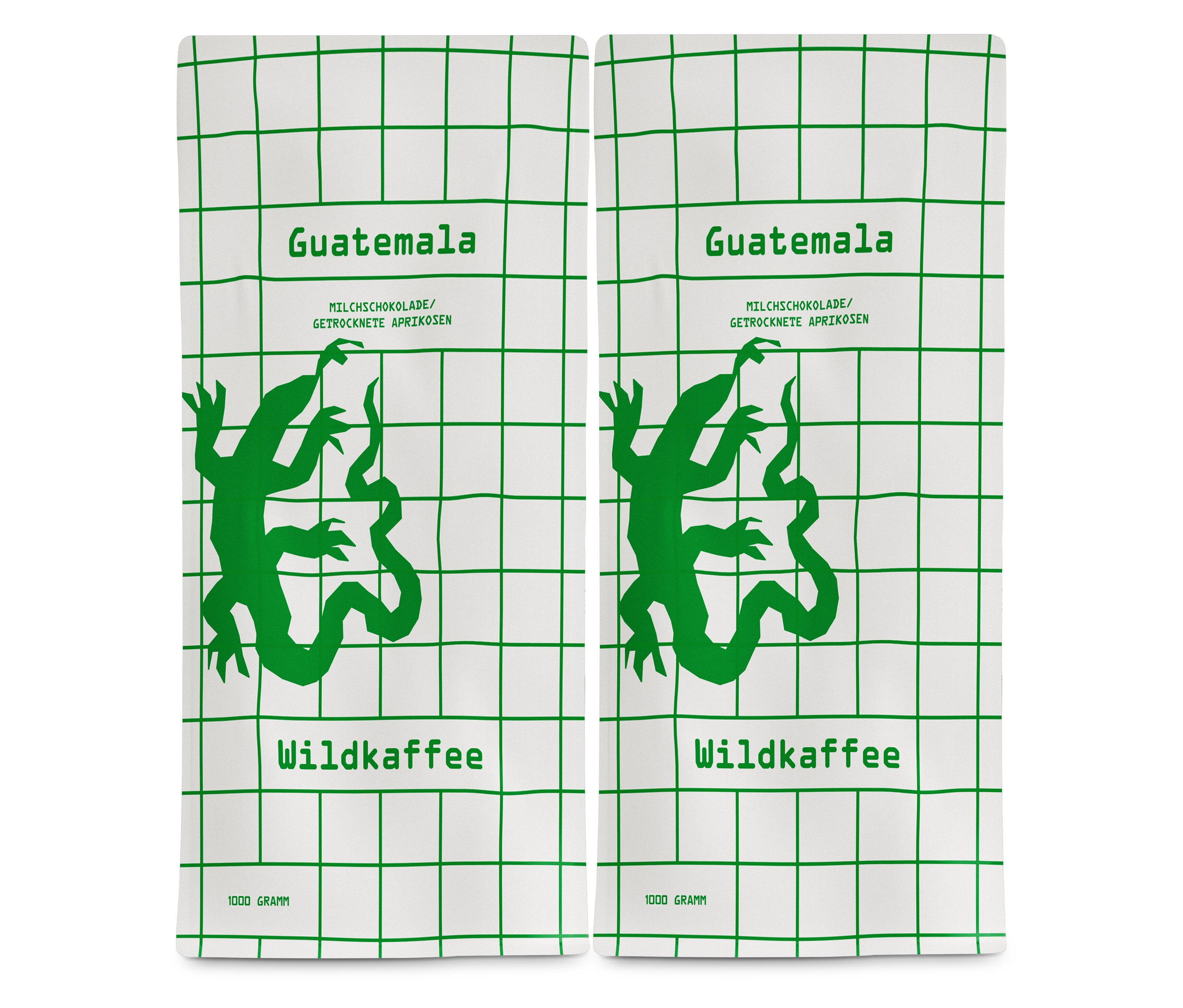 Zwei Packungen Wildkaffee - Guatemala San Lorenzo Omni-Roast - 2x 1 kg Ganze Bohne auf weißem Hintergrund.
