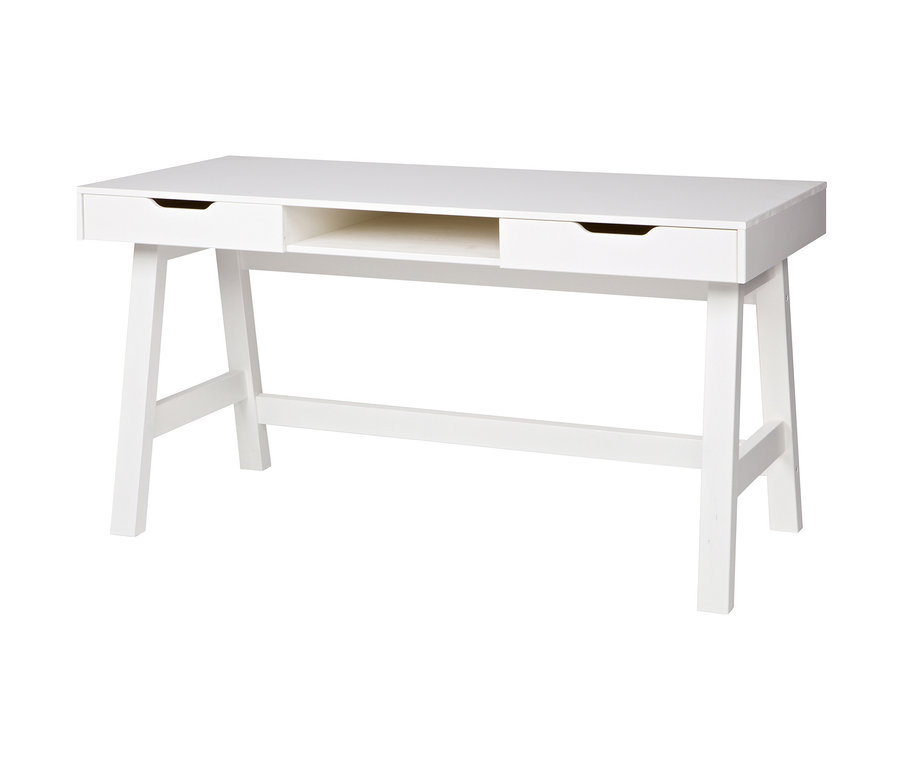 Weißer Woood Schreibtisch »Nikki« mit zwei Schubladen und einem offenen Fach in der Mitte.