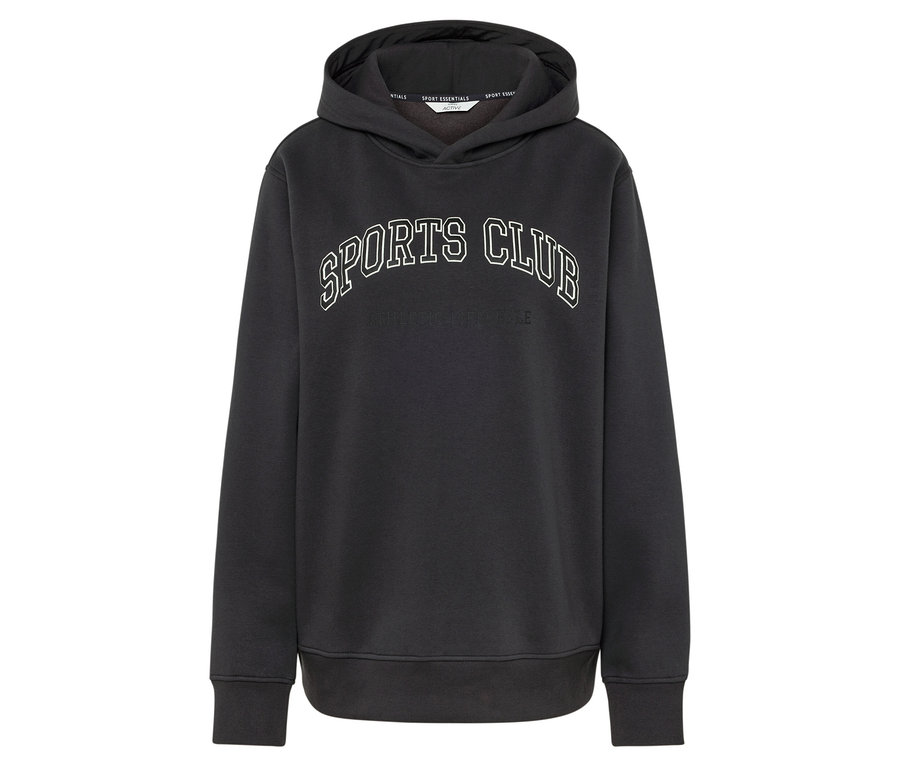 Schwarzer Hoodie mit Sportaufdruck.