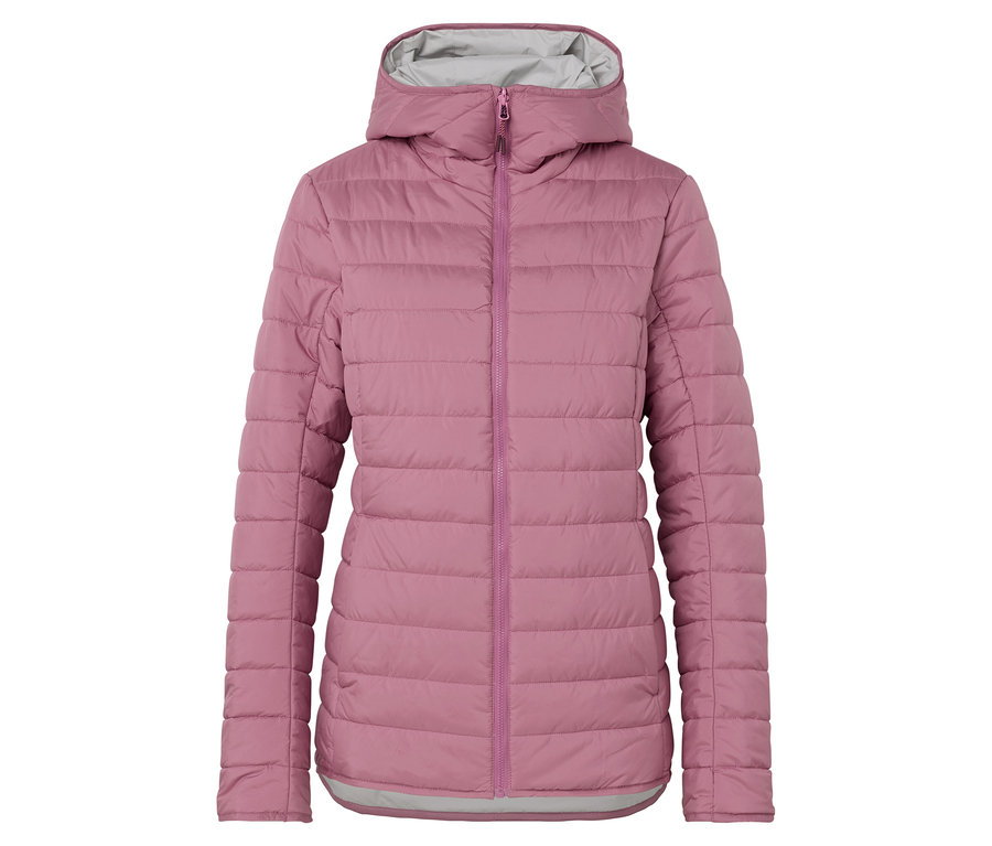 Rosa Steppjacke mit Kapuze und grauem Futter.