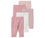 Fünf Baby Leggings in verschiedenen Rosa- und Weißtönen liegen übereinander.