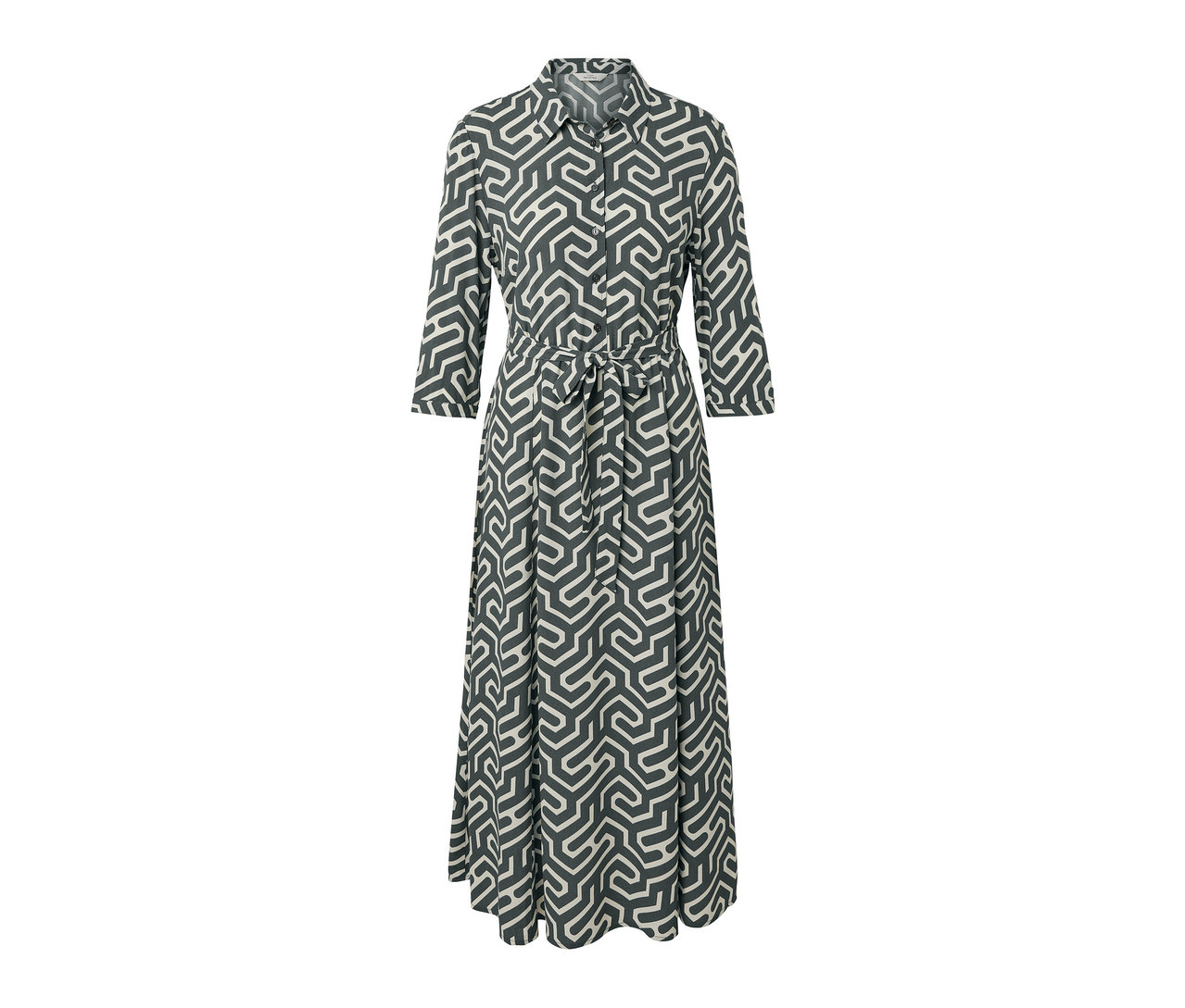 Ein bedrucktes Hemdblusenkleid mit Knopfverschluss, Dreiviertelärmeln und Gürtel.