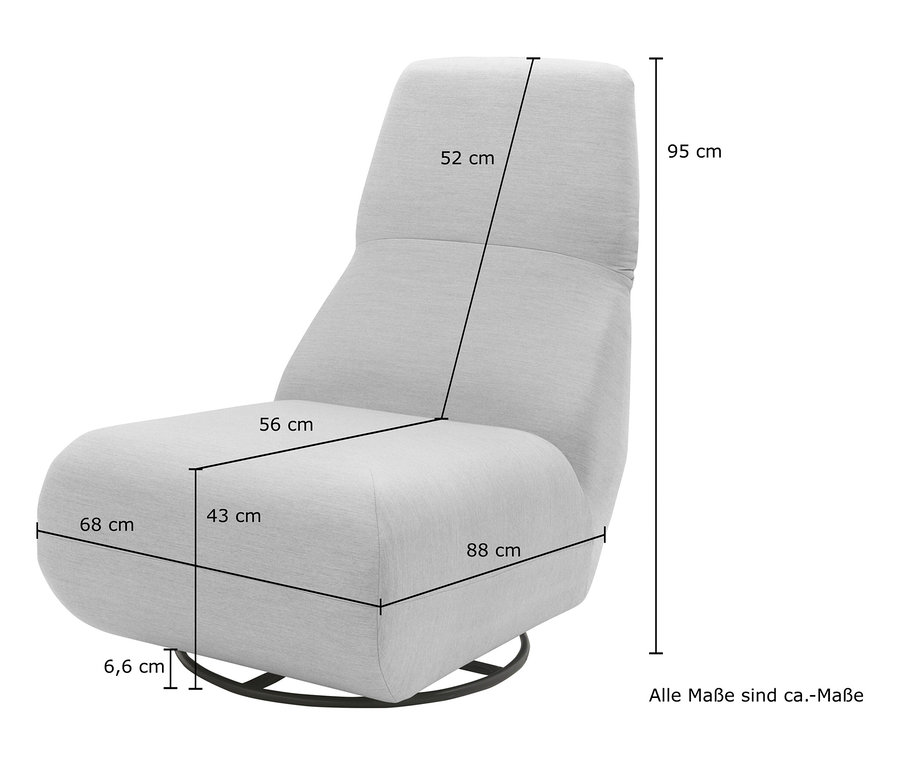Die Maße des grauen Domo Collection Drehsessels mit Sunbrella®-Stoff sind mit Linien und Zahlen dargestellt.