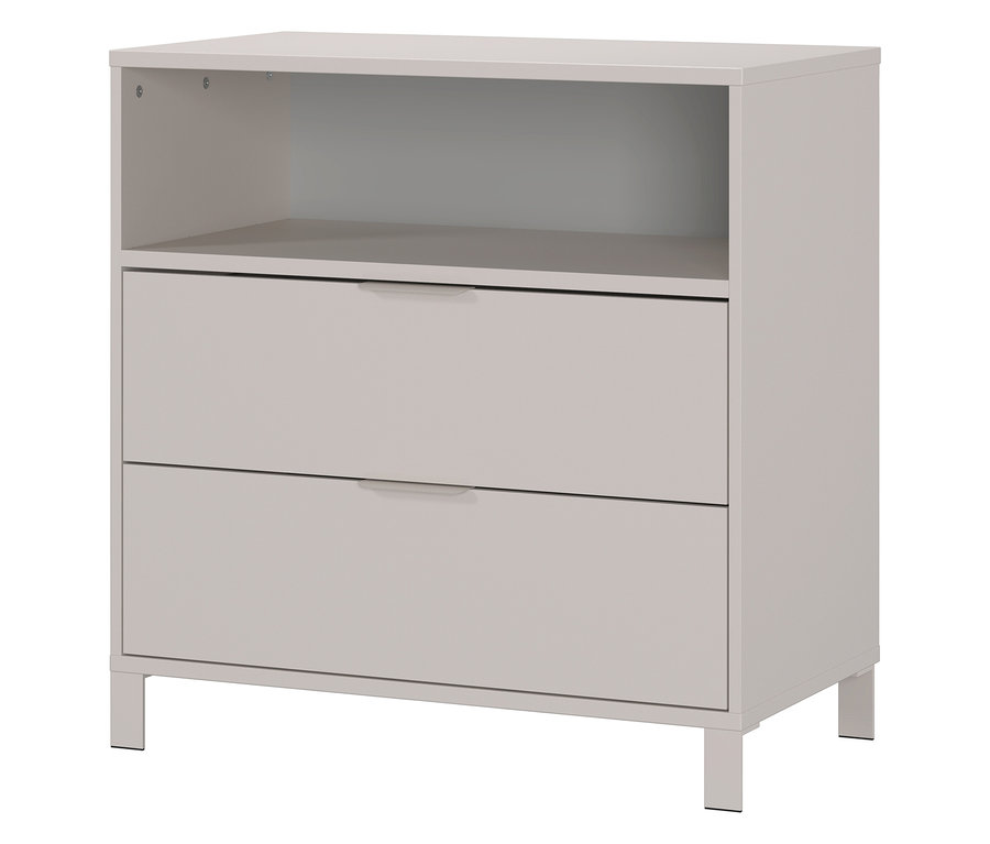 Eine hellgraue Kommode »Alkmaar« mit zwei Schubladen und offenem Fach.
