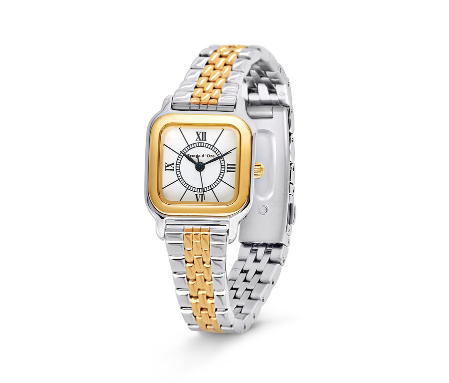 Nahaufnahme einer Edelstahl-Bicolor-Damenuhr mit quadratischem, goldfarbenem Zifferblatt.