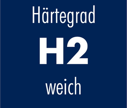 Blaues Quadrat mit dem Text "Härtegrad H2 weich" in Weiß.