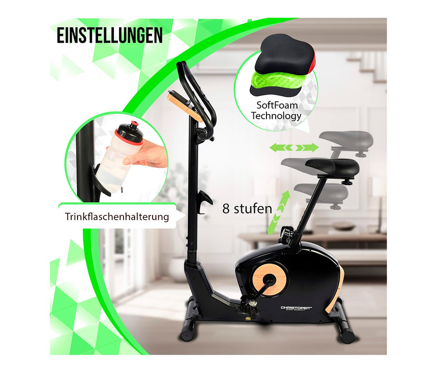 Schwarzer Heimtrainer Ergometer »ET 3.1« mit Flaschenhalter und verstellbarem Sitz.