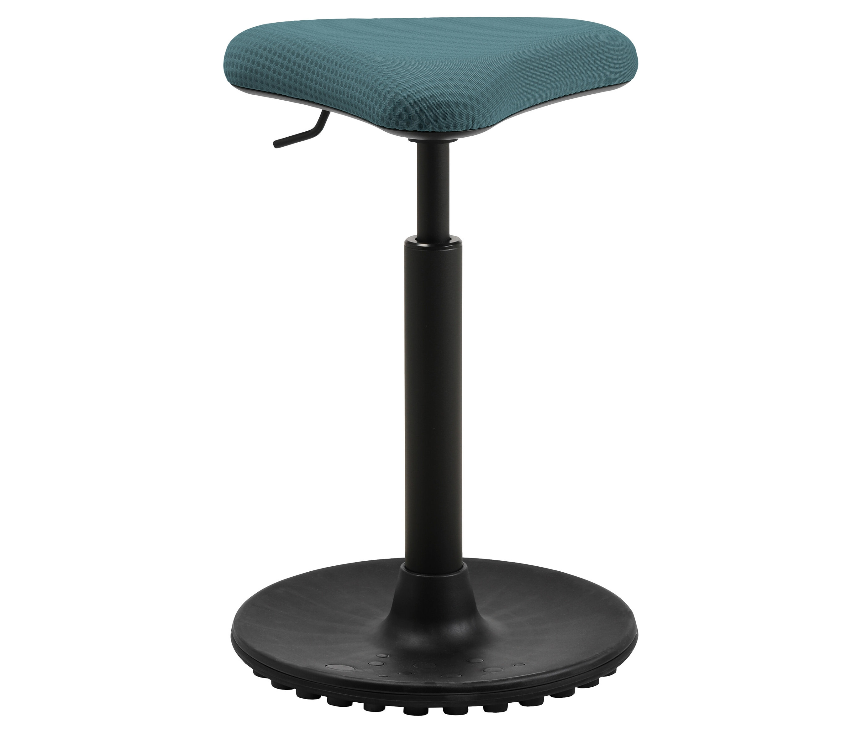 Ein Hocker mit einem blaugrünen, sattelförmigen Sitz und einem schwarzen, höhenverstellbaren Fuß auf weißem Hintergrund.