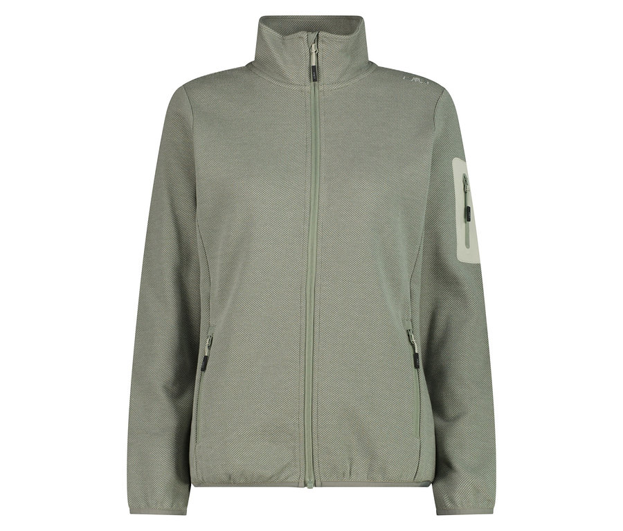 Eine hellgrüne CMP Fleecejacke mit Reißverschluss und Seitentaschen wird gezeigt.