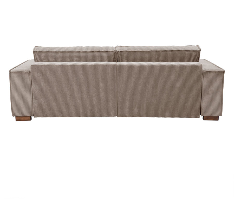 Rückansicht eines beigen Cordsofas mit zwei Sitzen auf niedrigem Holzsockel.