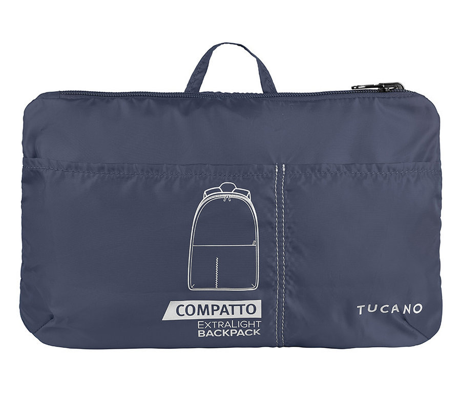 Blauer Tucano Rucksack »Compatto Eco« in flacher, rechteckiger Form mit Tragegriff und Reißverschluss. Aufdruck: Rucksack-Umriss.