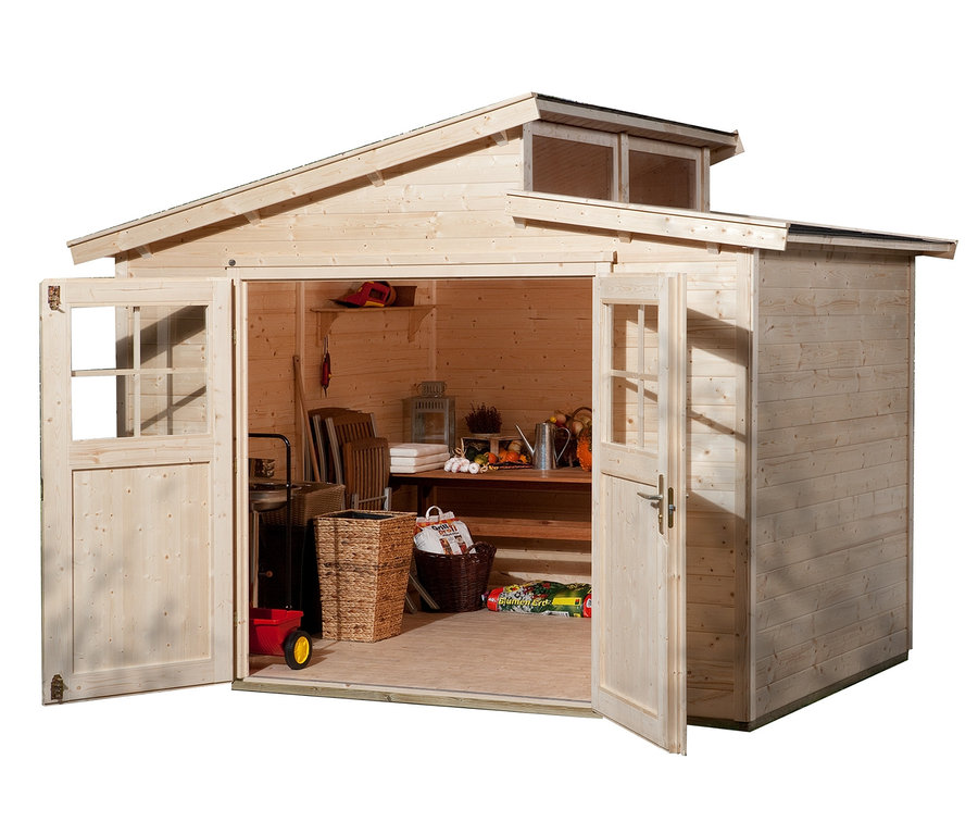 Offenes WEKA-Gartenhaus mit versetztem Satteldach, 327 x 252 x 231 cm, mit diverser Gartenausstattung innen.