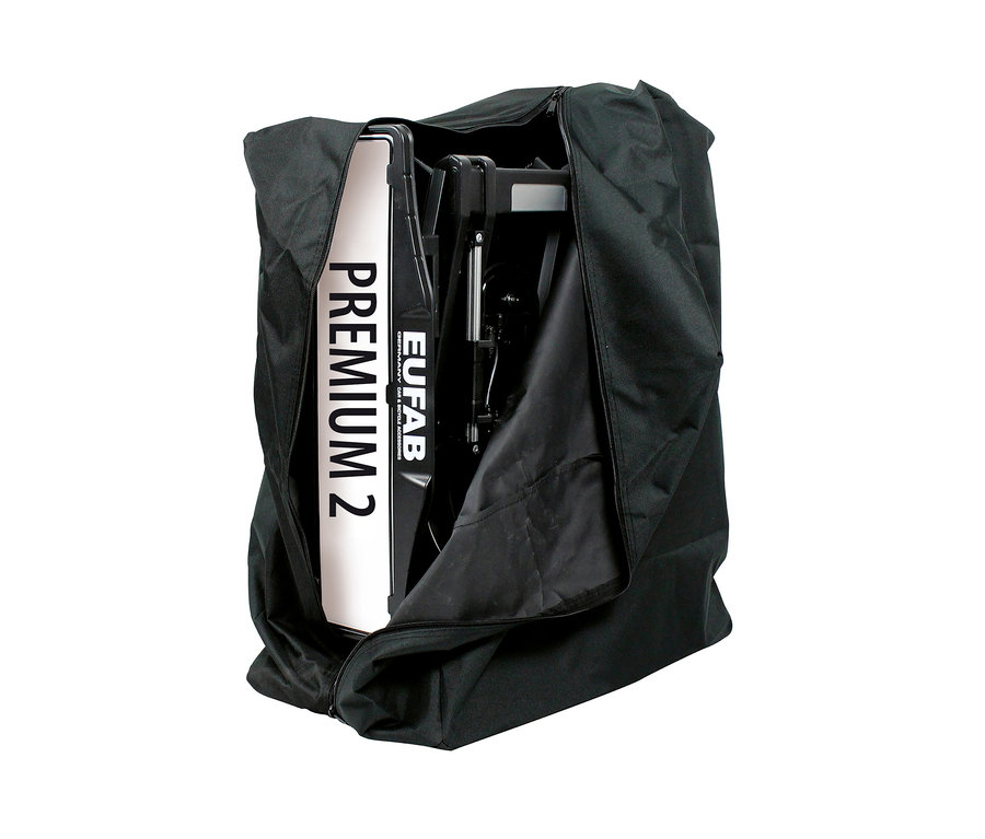 Eine schwarze Tasche mit einem teilweise sichtbaren Fahrradträger "Premium 2".