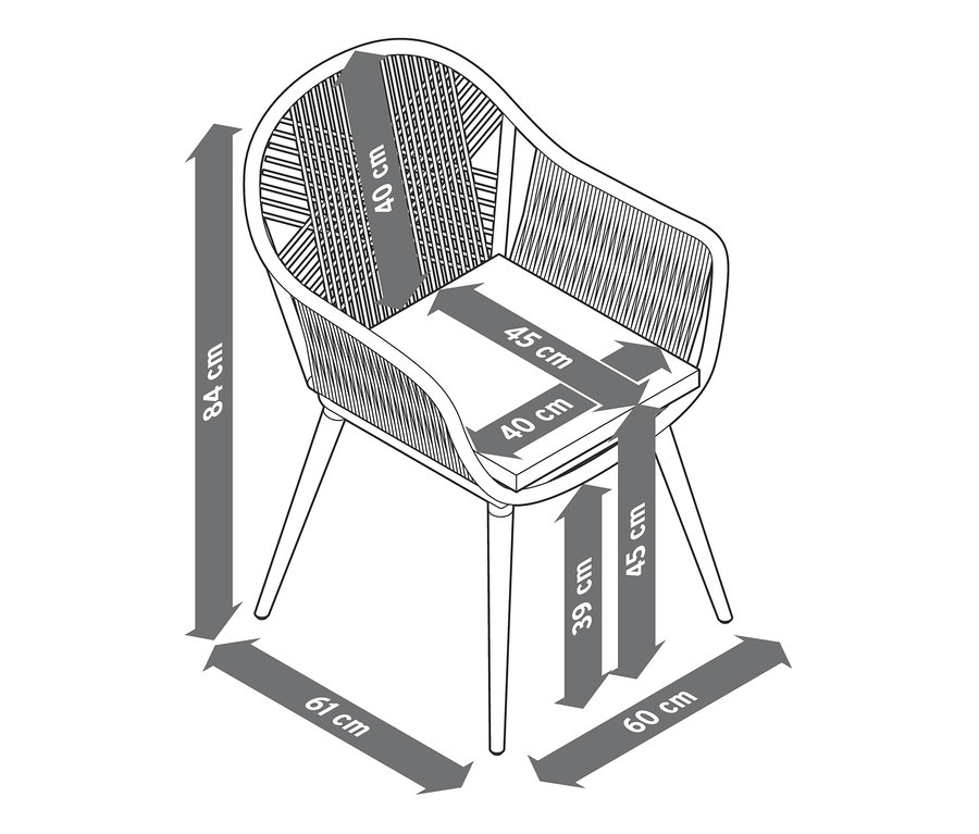 Abmessungen des Schalenstuhls mit Textilgeflecht.