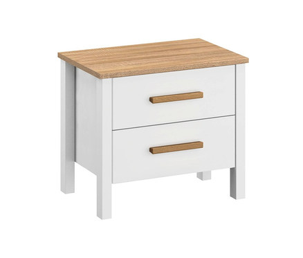 Weißer Nachttisch »Fargo« mit zwei Schubladen und einer Holzplatte.
