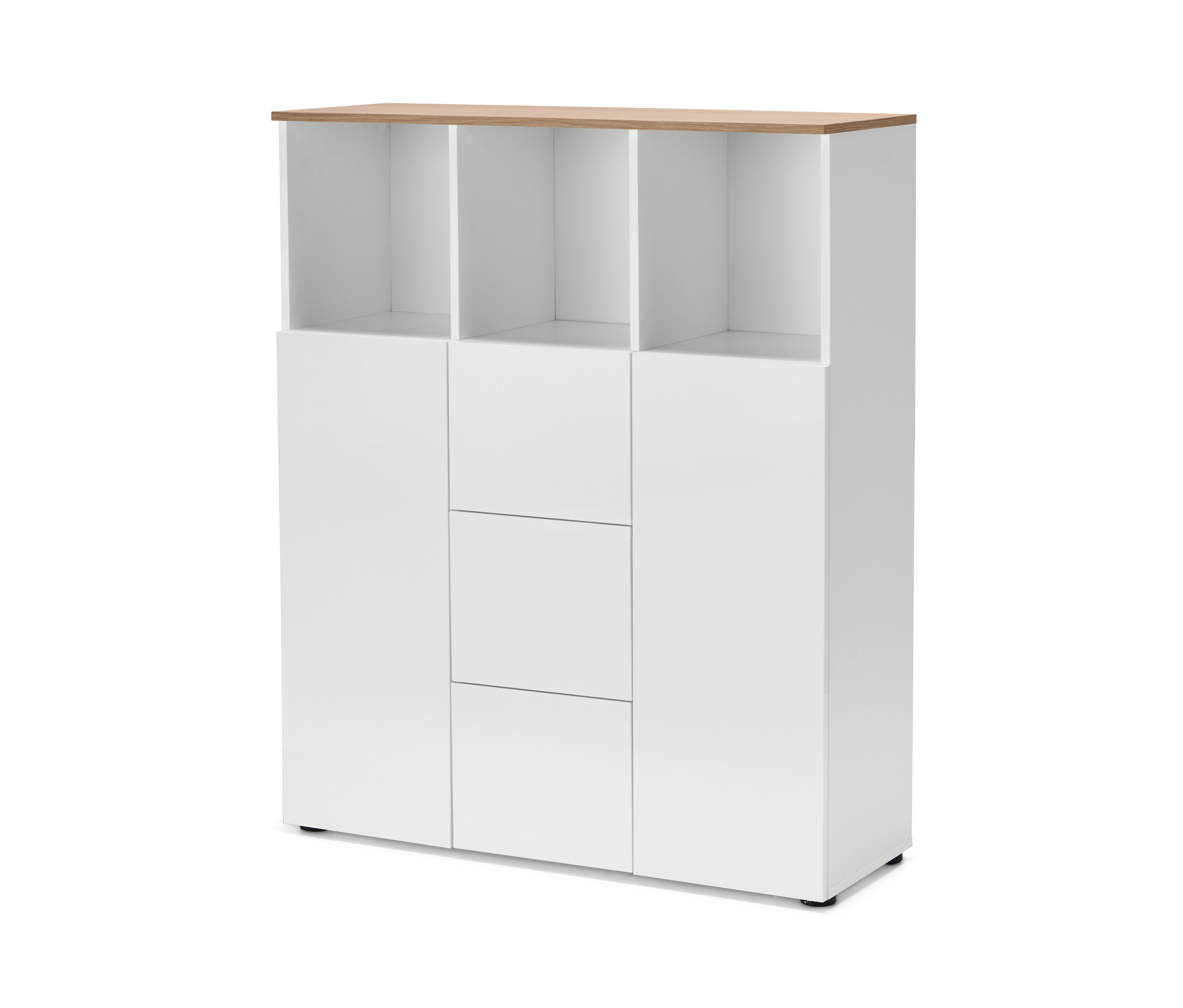 Ein halboffenes Highboard mit einer Holzplatte oben.