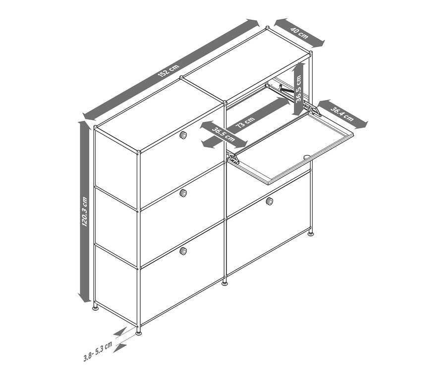 Schema einer Kommode Metall »CN3« mit 6 Klappenfächern, groß, mit Maßangaben.