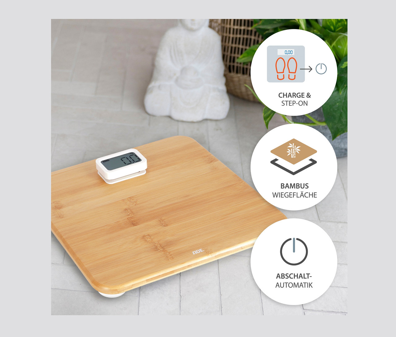 ADE Digitale Bambus-Personenwaage auf Fliesenboden.