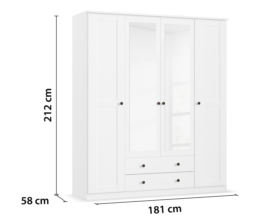 Weißer, 4-türiger Rauch Kleiderschrank Rosenheim mit Maßangaben.