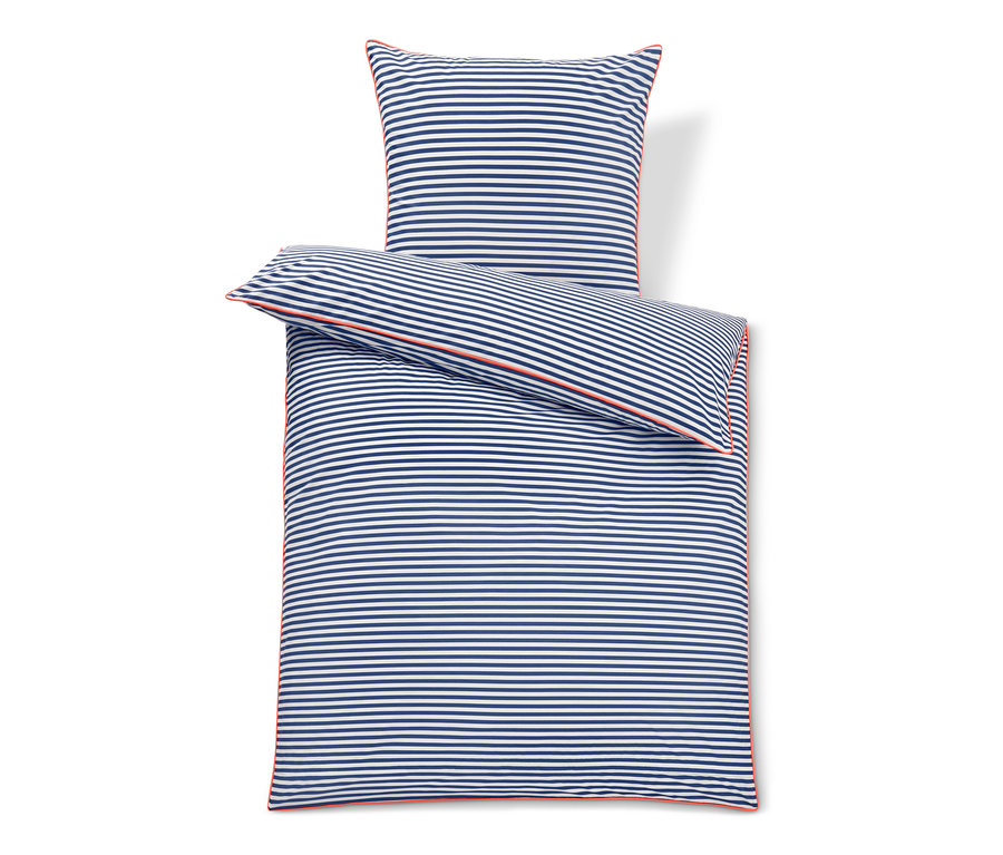 Gestreifte Perkal-Bettwäsche in Normalgröße mit orangefarbenem Saum.