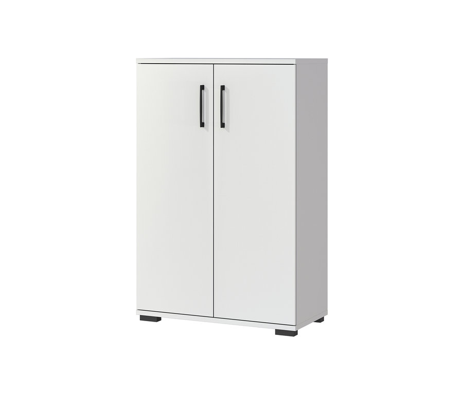 Kleiner, hellgrauer Aktenschrank »Profi« mit zwei Türen und schwarzen Griffen.