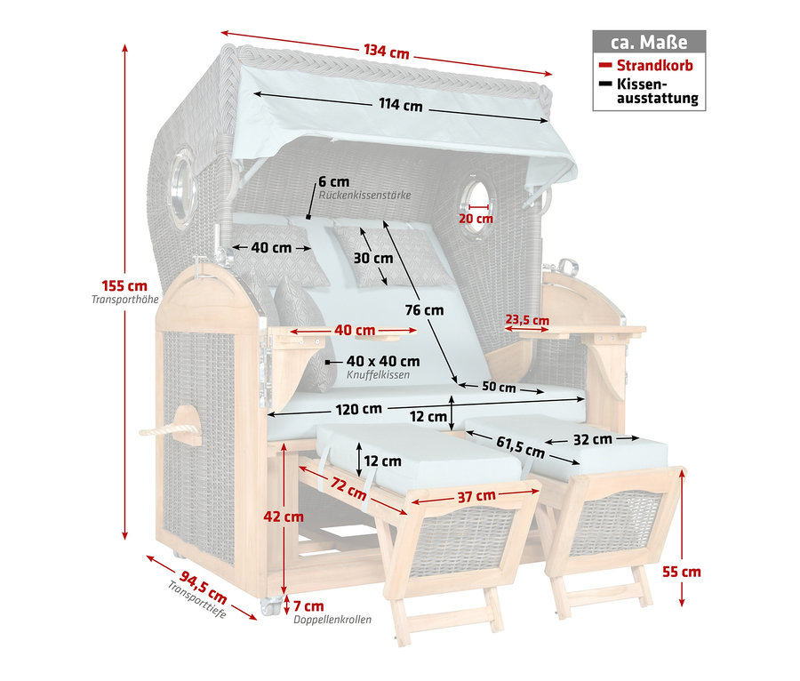 Die Maße des deVries Teak-Strandkorbs, 2-Sitzer, werden mit Linien und Text dargestellt.