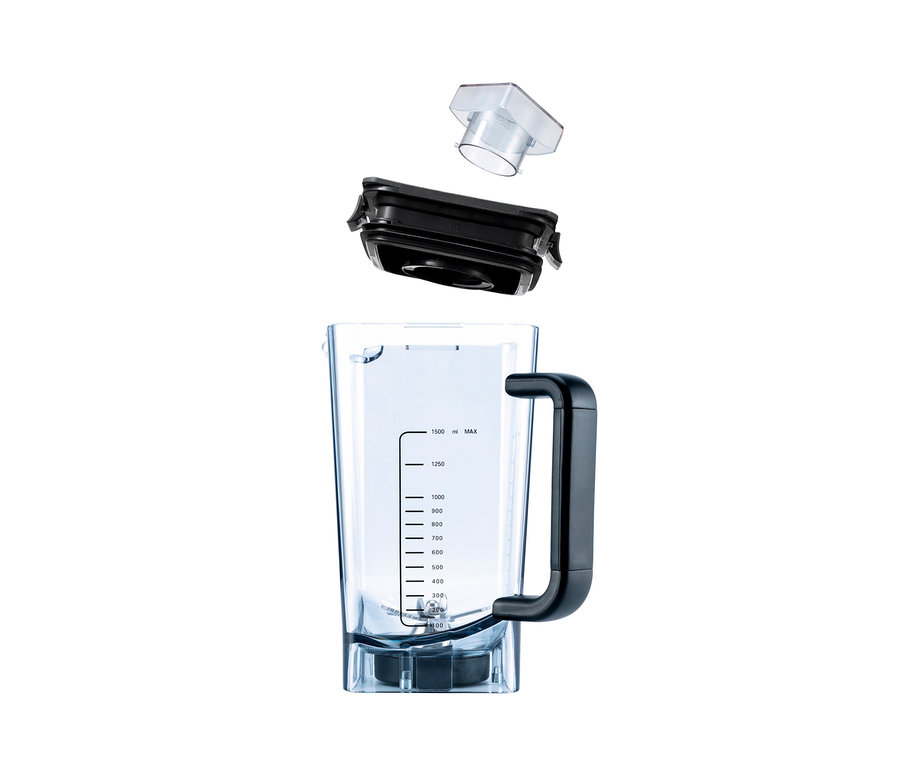 Ein zerlegter WILFA Mixer »POWER FUEL Digital BPFD-1680MW« mit Behälter, Deckel und Zubehör.