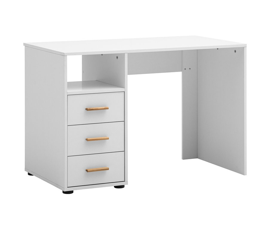 Weißer Schreibtisch »Torge« mit matter Oberfläche und drei Schubladen mit Holzgriffen.