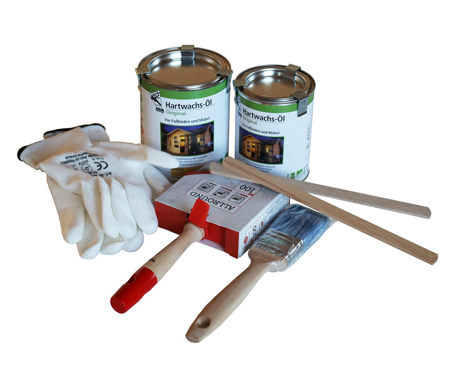 Zwei Dosen Hartwachs-Öl Original, Handschuhe, Pinsel und Rührstäbe.
