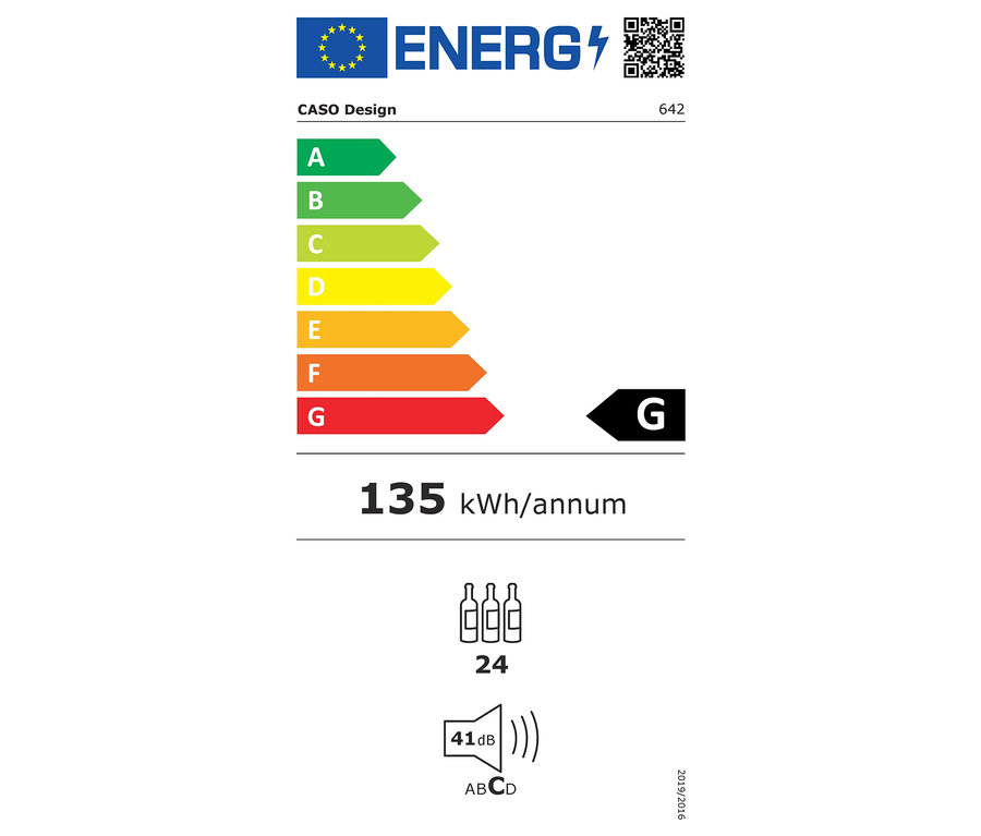 CASO Design Energieetikett mit Verbrauchsklassen von A bis G, einem Jahresverbrauch von 135 kWh, einer Kapazität von 24 Flaschen und einem Geräuschpegel von 41 dB.