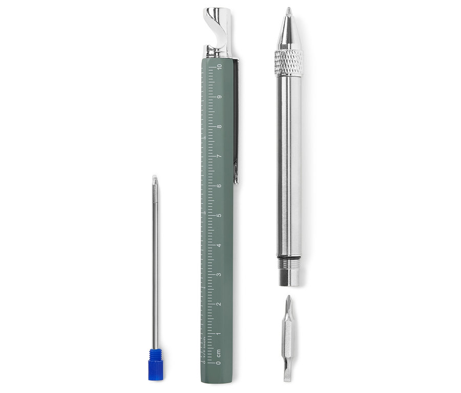 Ein zerlegter Multifunktionsstift mit Aufsätzen.