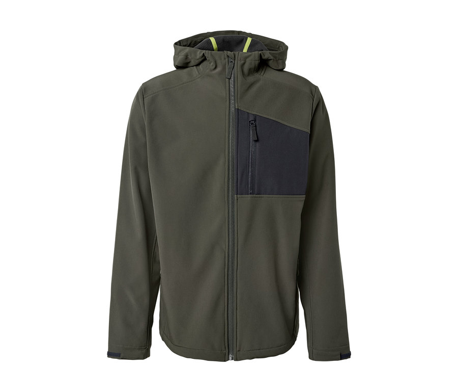 Eine grüne Softshelljacke mit Reißverschluss und Kapuze.