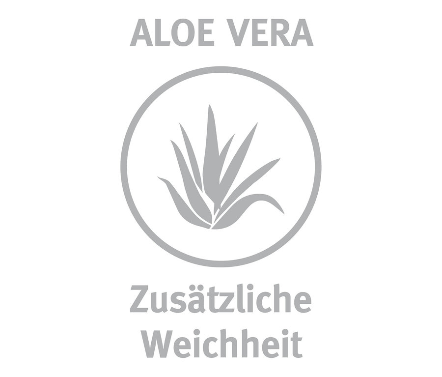 Graues Logo mit einer Aloe Vera Pflanze im Kreis, darüber der Text "ALOE VERA" und darunter "Zusätzliche Weichheit".