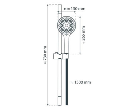 Abbildung eines verchromten Brausestangen-Sets »CAPRI« mit Maßangaben.