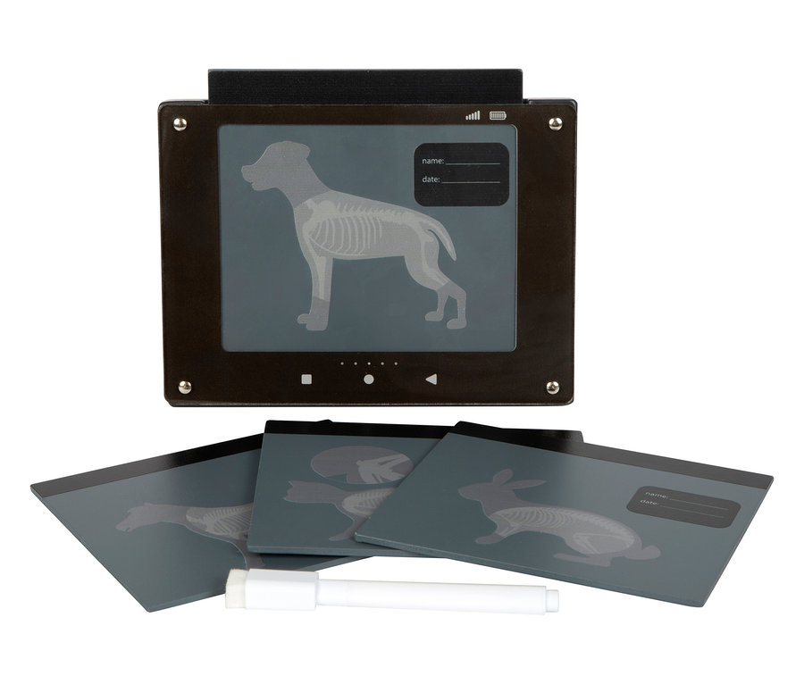 small foot Tierarzt-Tasche mit Hase: Röntgenbildschirm zeigt Skelett eines Hundes, darunter Röntgenbilder von Katze, Hund und Hase sowie ein Stift.