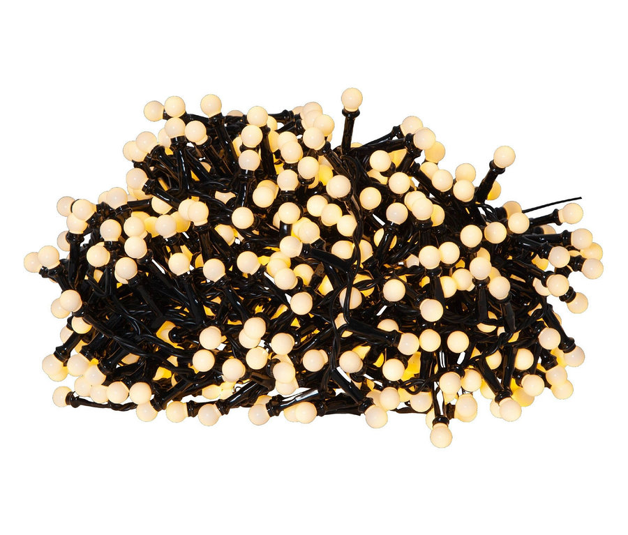 Ansammlung von Lichterketten mit kleinen, runden Glühbirnen auf schwarzem Kabel.