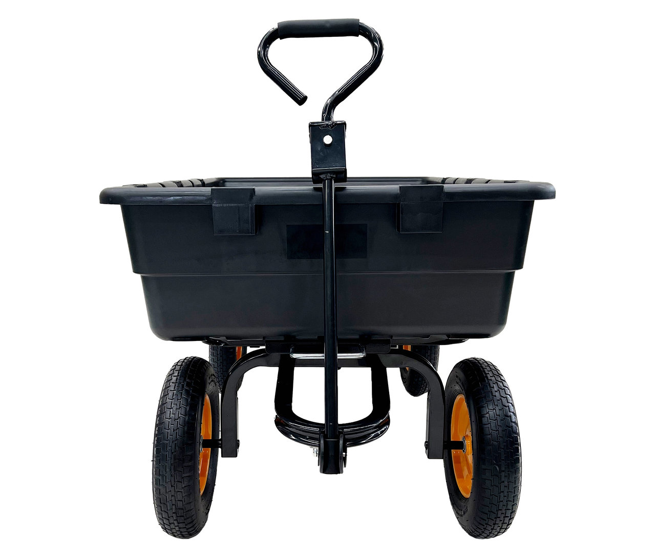 Schwarzer Gartenwagen mit vier Rädern und schwarzem Griff vor weißem Hintergrund.