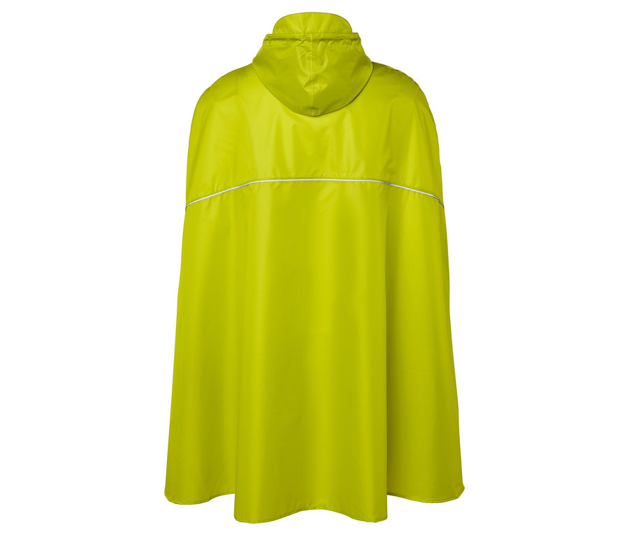 Rückansicht eines gelben Regenponchos mit Kapuze und reflektierendem Streifen.