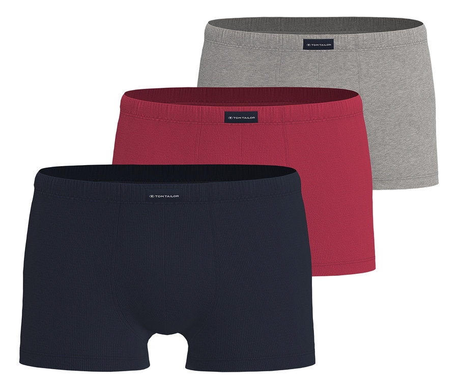 Drei Tom Tailor Boxershorts in Marineblau, Rot und Grau sind übereinander gestapelt.