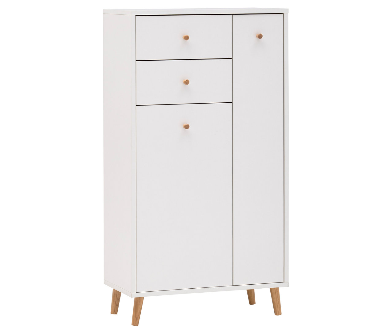 Weißer Schrank mit drei Schubladen und einer Tür, jeweils mit runden Holzknöpfen.