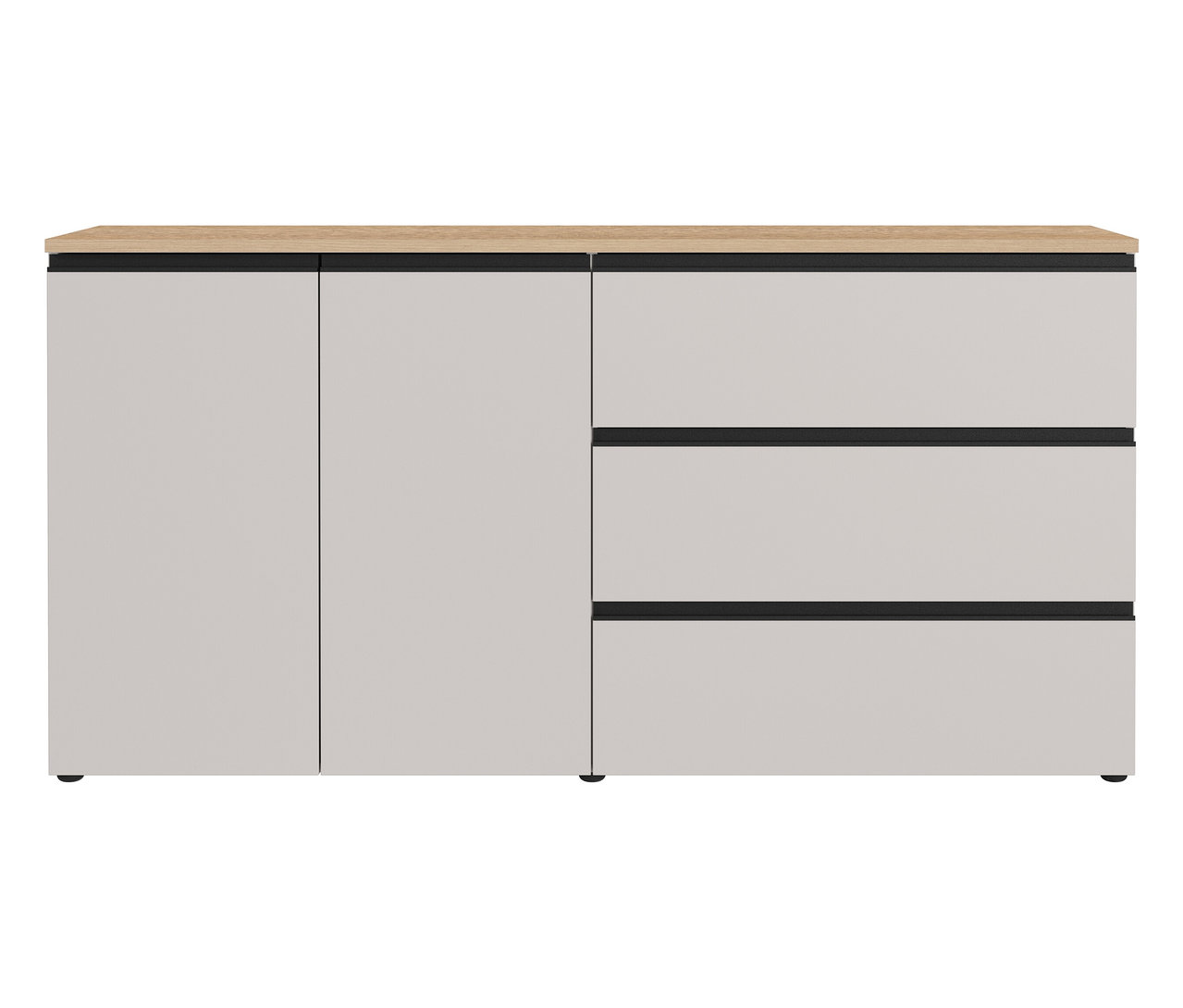 Das Sideboard »Cormano» in Weiß hat drei Schubladen und zwei Türen. Die Oberseite ist hellbraun.