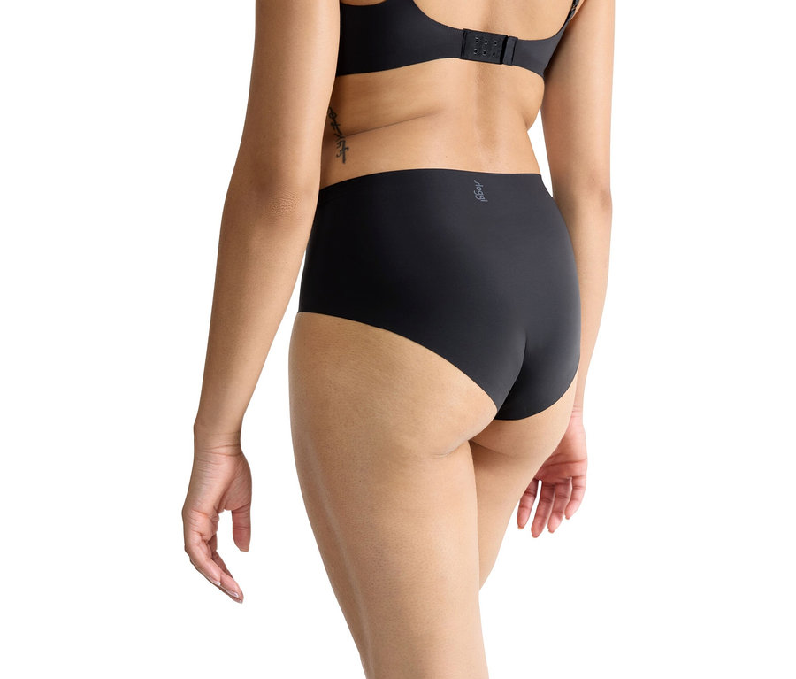 Rückansicht einer Frau mit schwarzer Unterwäsche und BH.