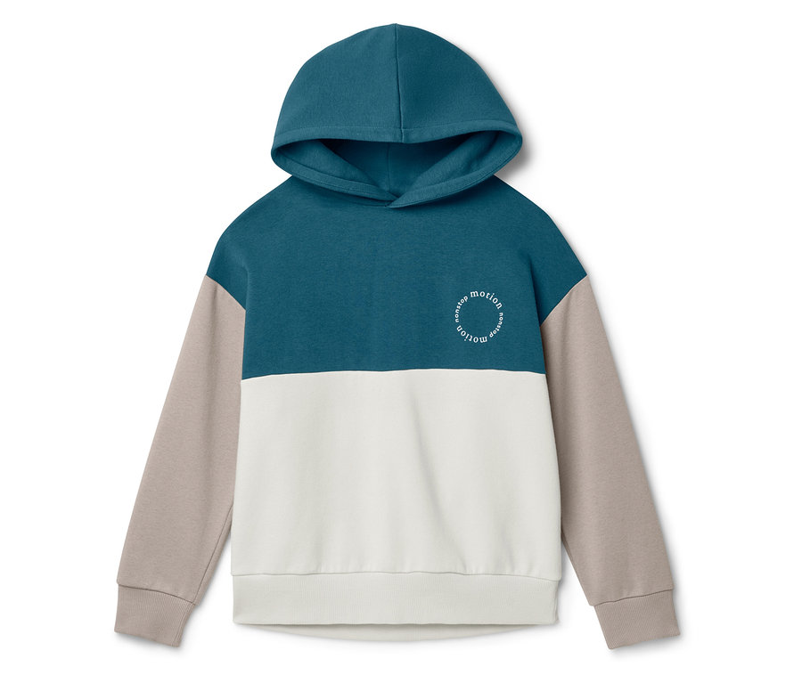 Dreifarbiger Hoodie mit Kapuze in Blau, Weiß und Beige liegt flach.